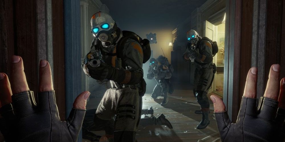 VR Half-Life: Alyx Alyx Holding Up Her Hands Soldier Pointing Gun