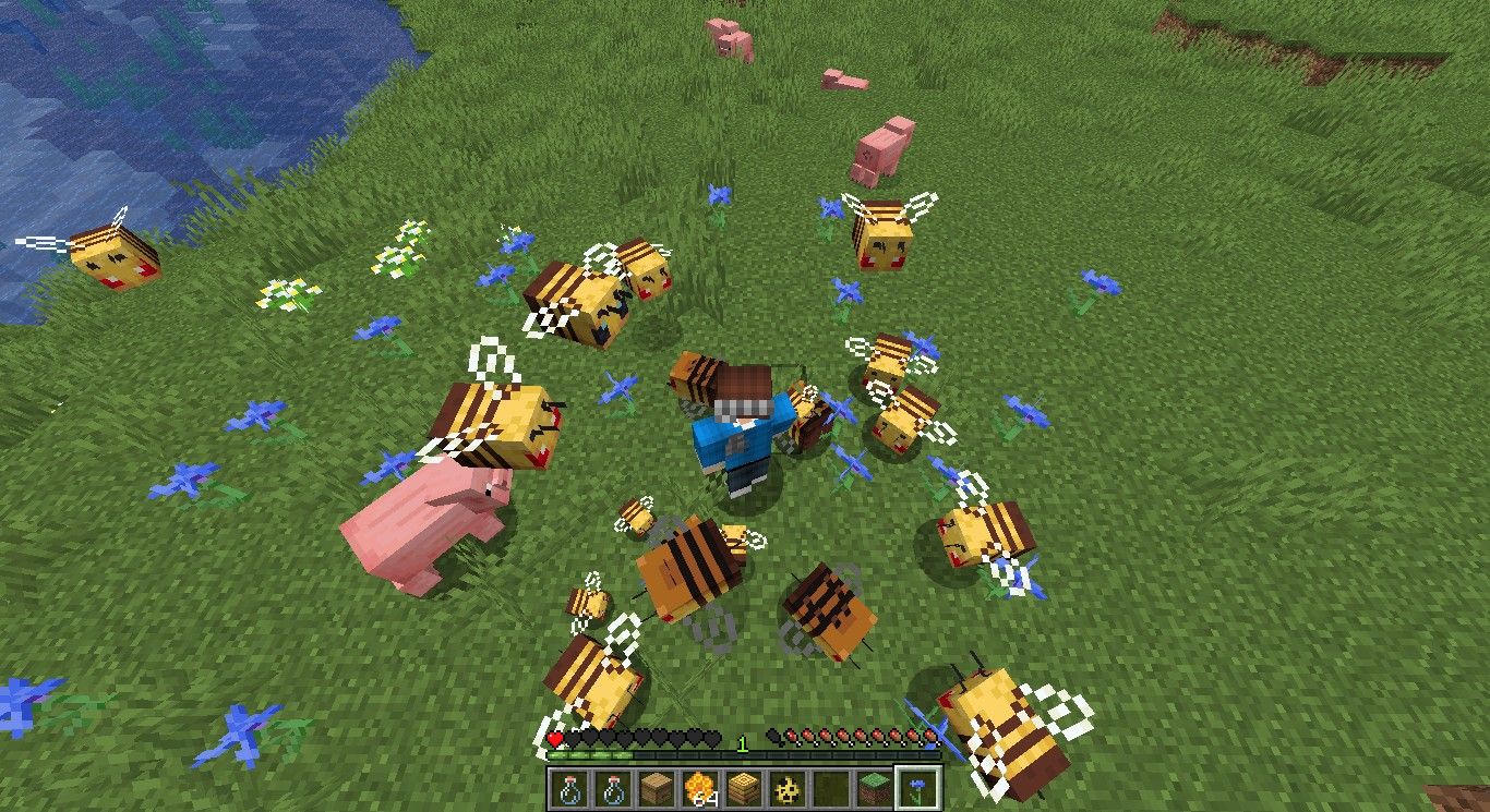Minecraft bees angered, indicated by red eyes