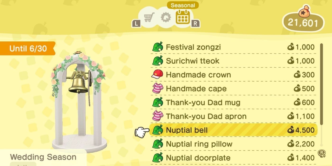 Animal Crossing New Horizons Wedding Season Event - Nuptial bell item as seen in the Nook Shopping Seasonal Menu