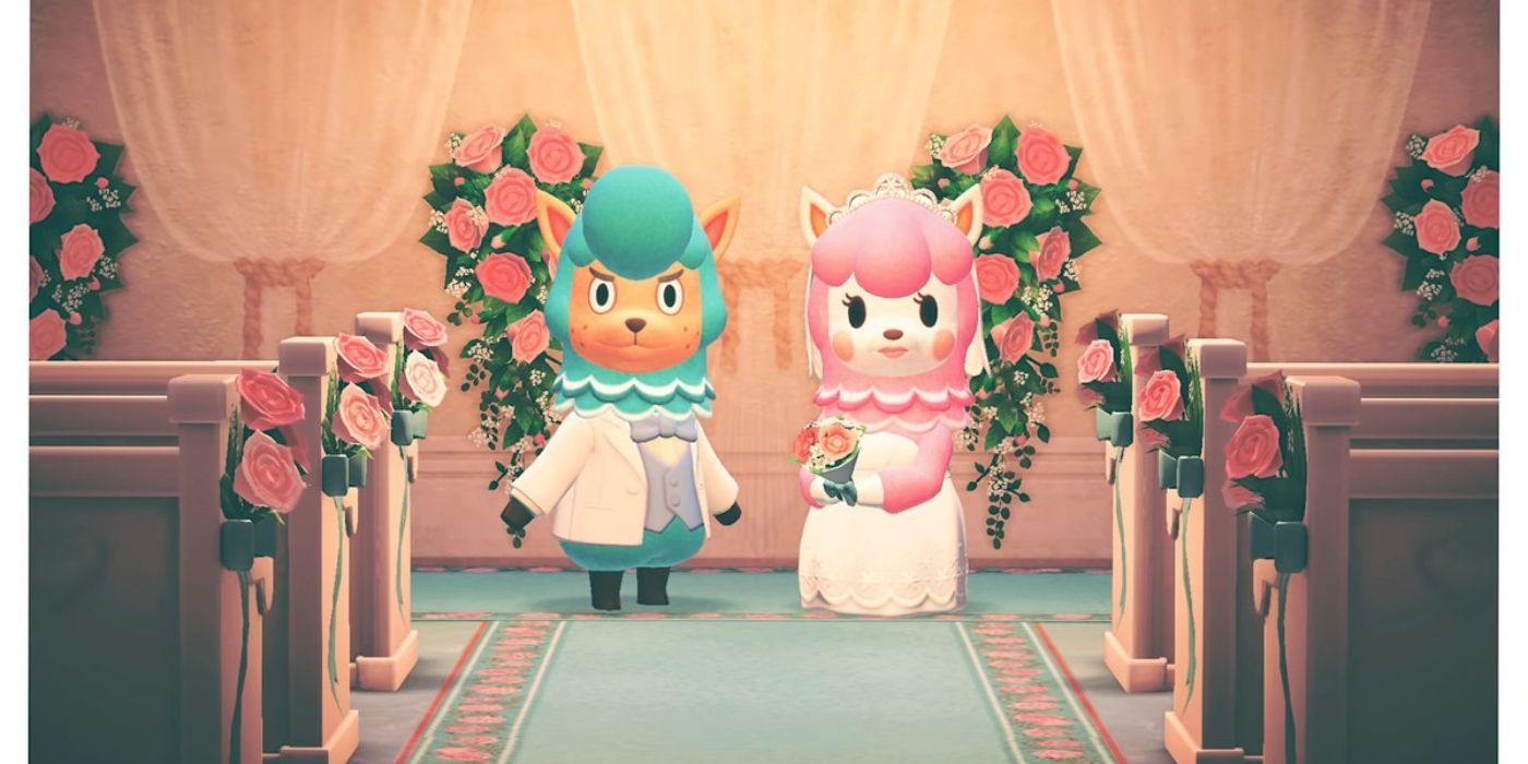 Animal Crossing New Horizons Wedding Season Event - Reese and Cyrus standing at the end of the aisle