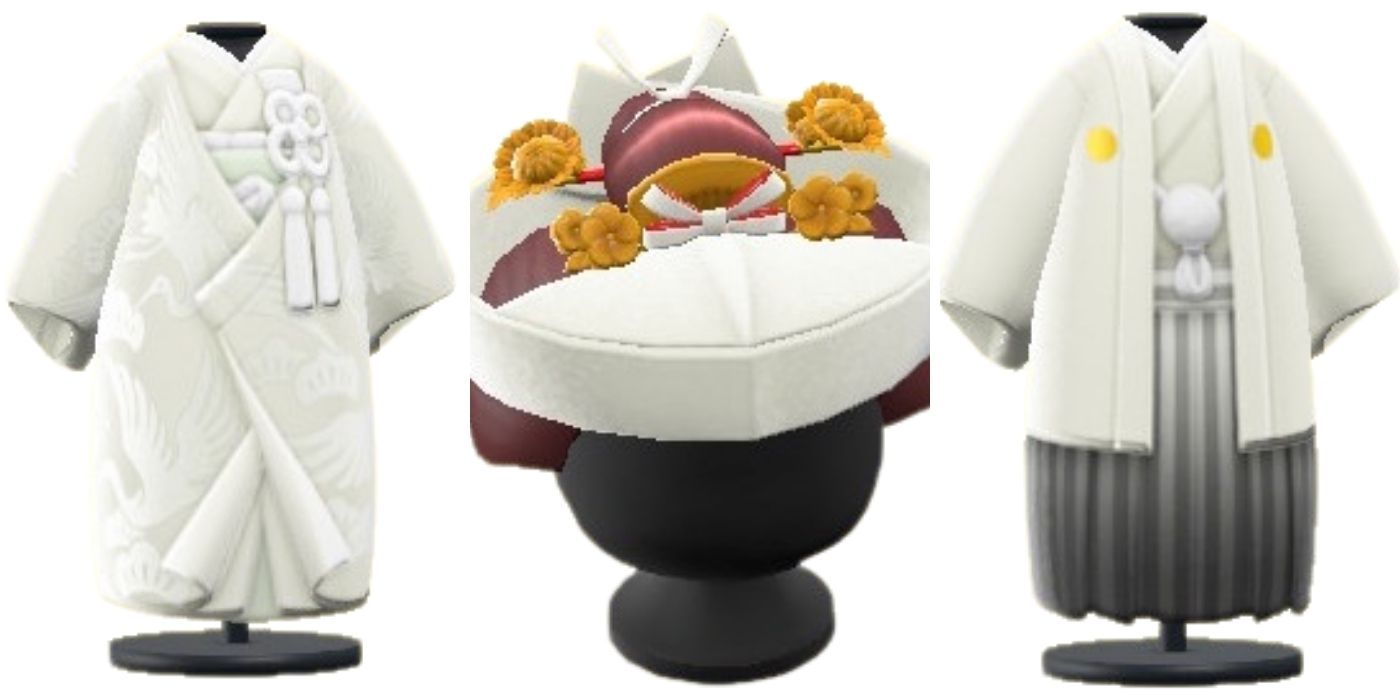 Animal Crossing New Horizons Wedding Season Items Split Image - Tsunokakushi in centre, Shiromuku on left, White Hakama with Crest on right