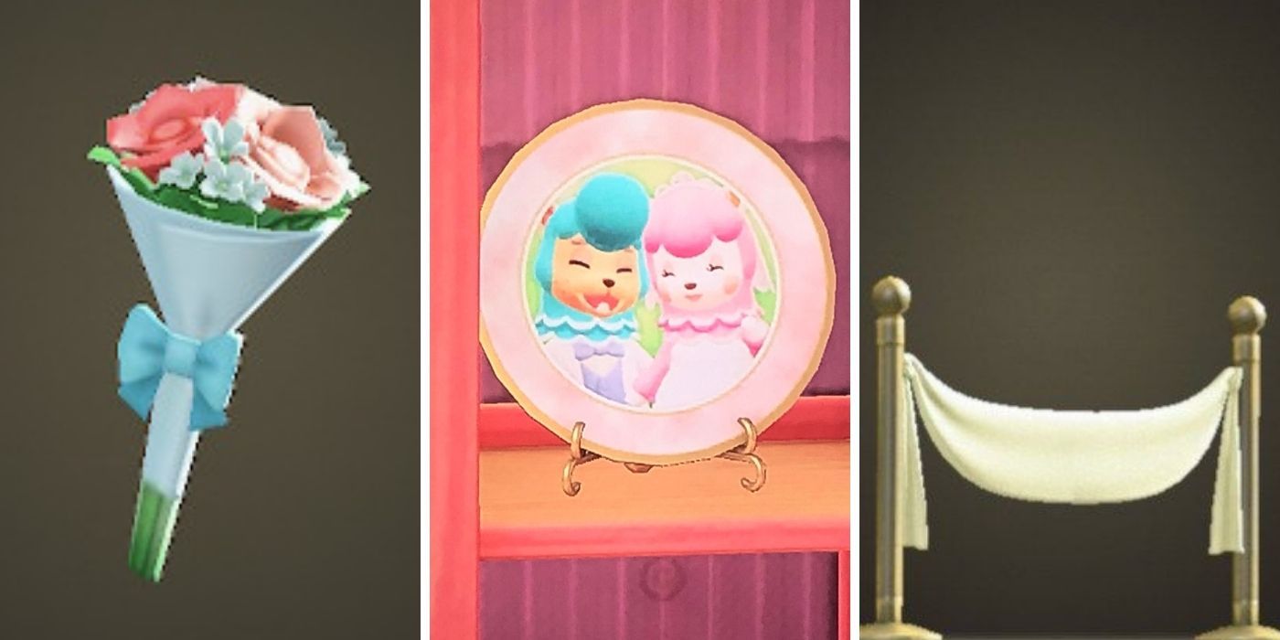 Animal Crossing New Horizons Wedding Season Items Split Image - Wedding wand on left, wedding fence on right, Reese &amp; Cyrus Photo Plate in centre