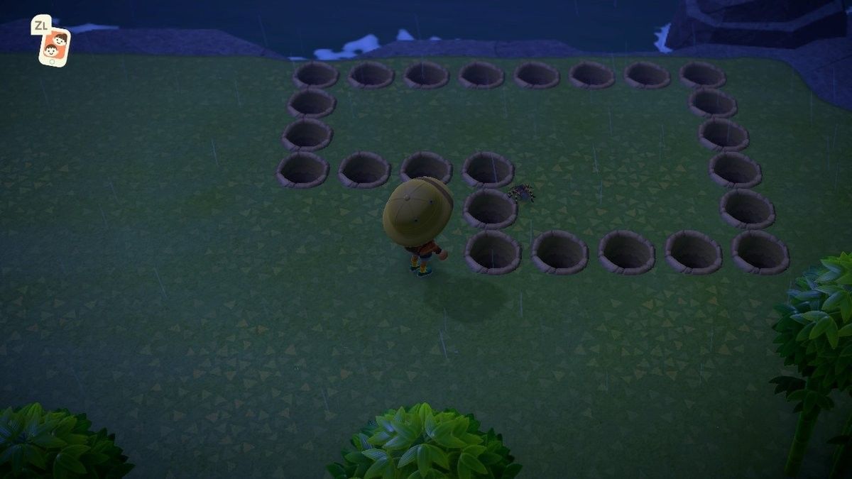 Holes dug in the shape of a barrier for Animal Crossing