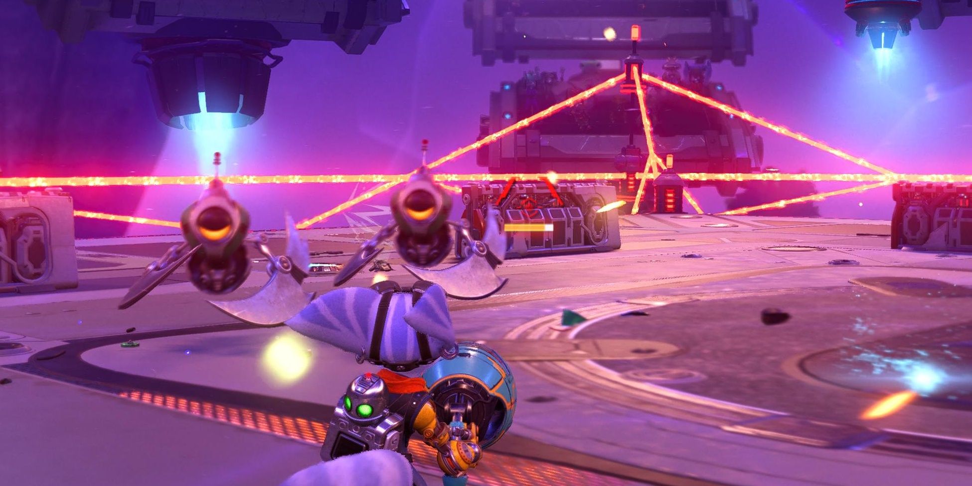 Rivet dodging a series of lasers and enemy fire in the Arena in Ratchet and Clank: Rift Apart