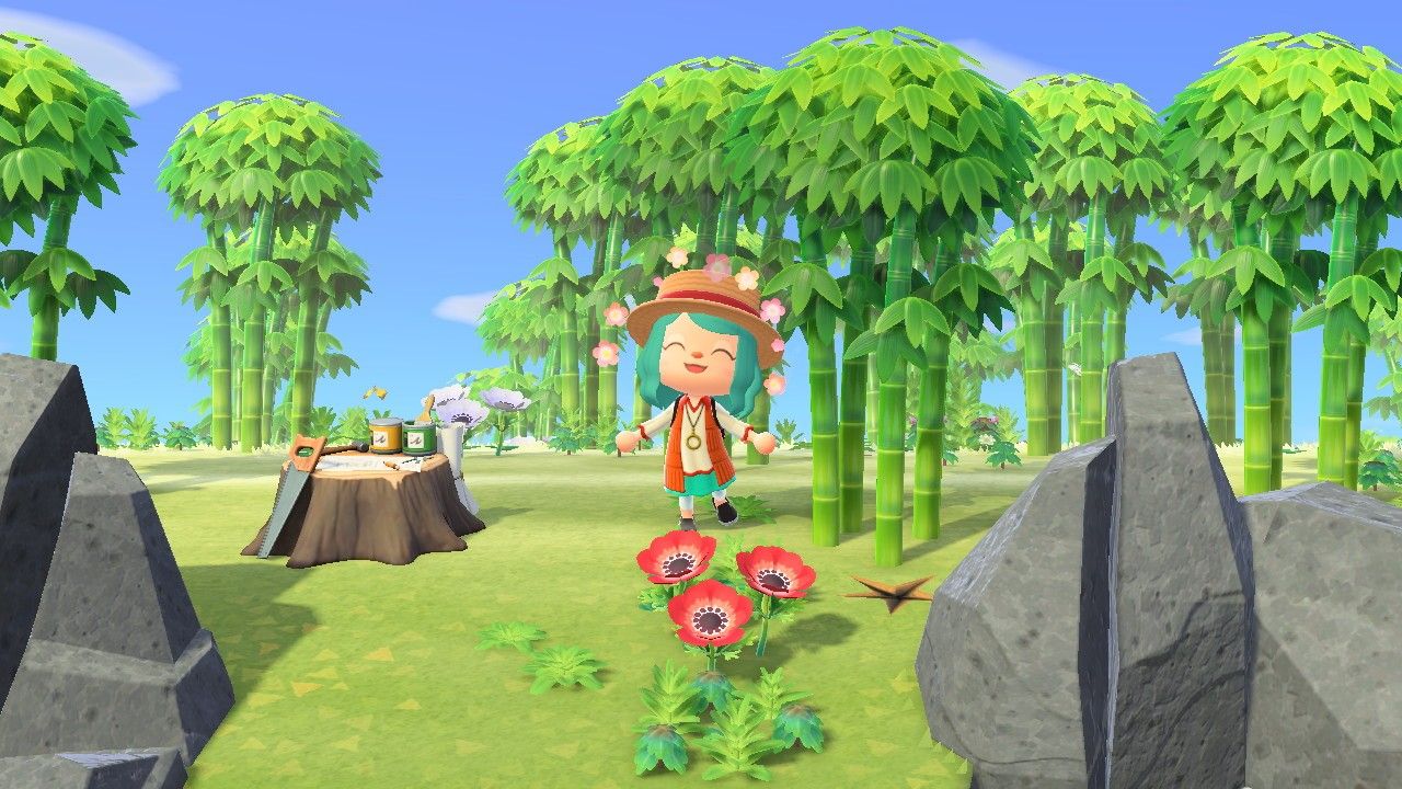 Example of bamboo Island in Animal Crossing New Horizons, with bamboo trees and happy villager