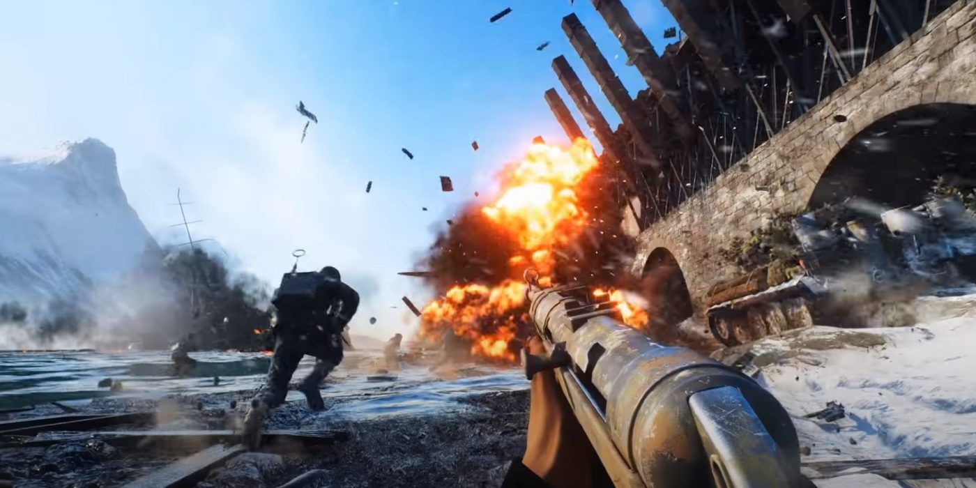 A first person perspective of an explosion in Battlefield V