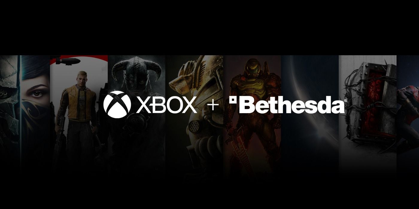 Bethesda Xbox Logos over characters from Bethesda games