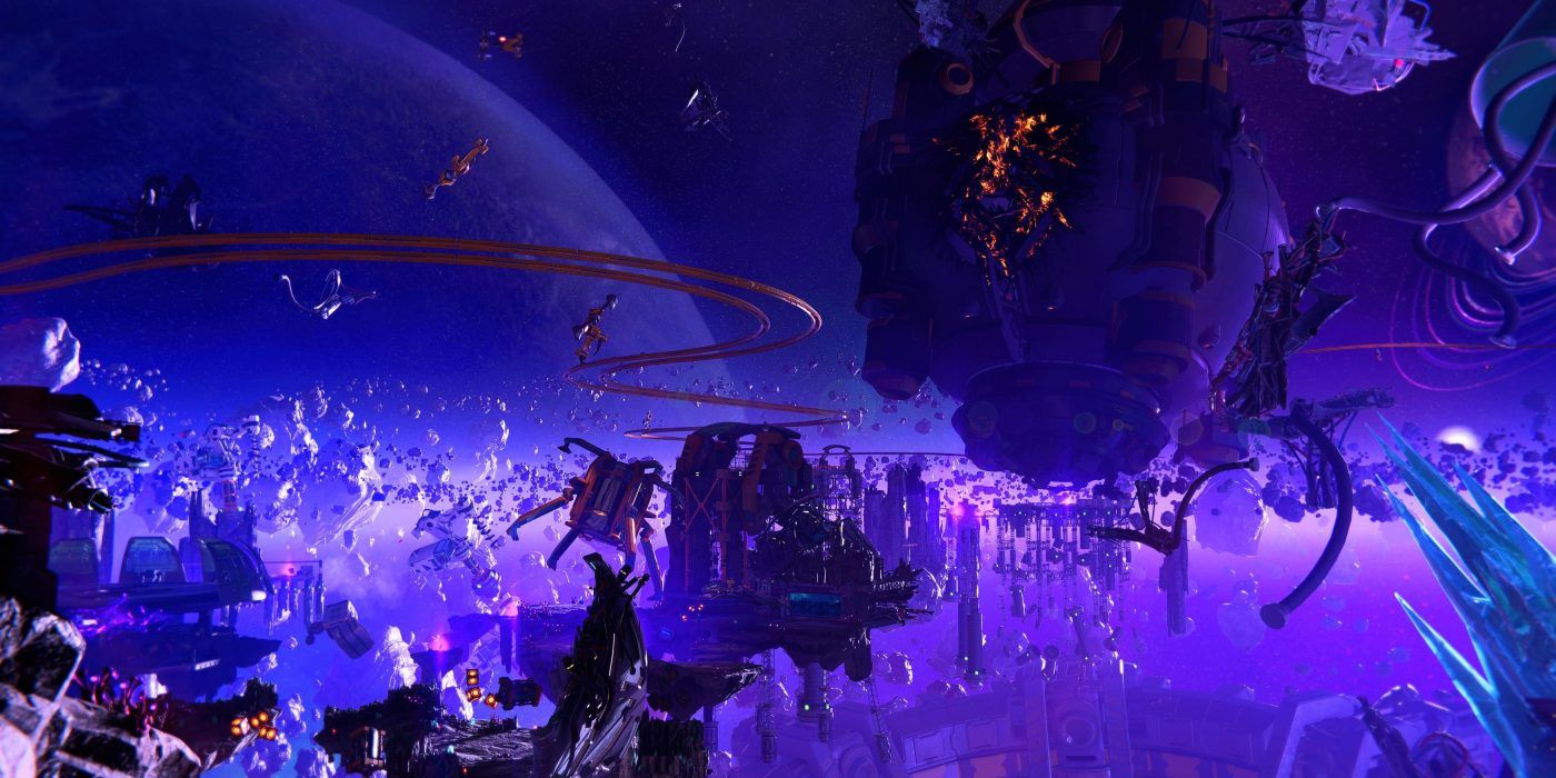 The deep purple and debris filled sky of the Blizar Prime planet in Ratchet and Clank: Rift Apart