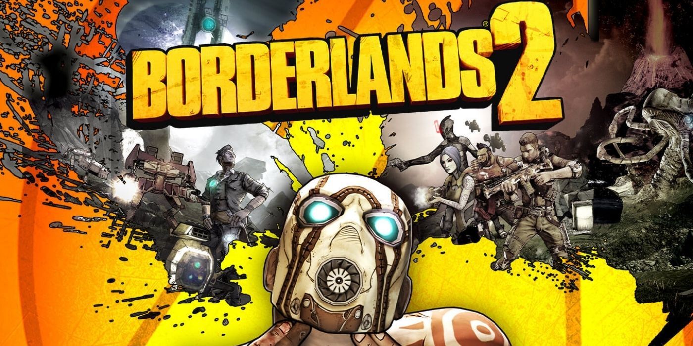Borderlands 2: Cover art with the title, some scenes from the game, and a Psycho pointing finger guns to himself.