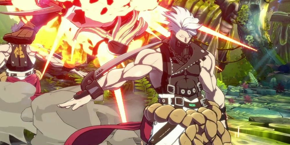 Chipp Zanuff duplicating himself to perform a devastating attack, blowing up the enemy in Guilty Gear -Strive-
