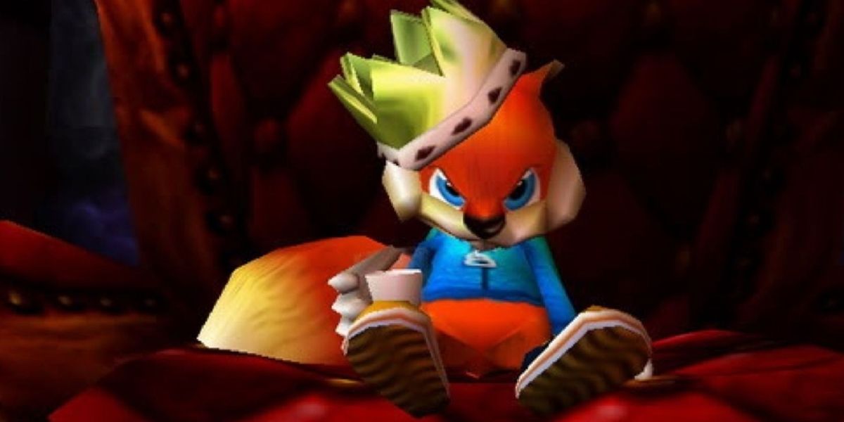 Conker sitting on a throne in Conker's Bad Fur Day