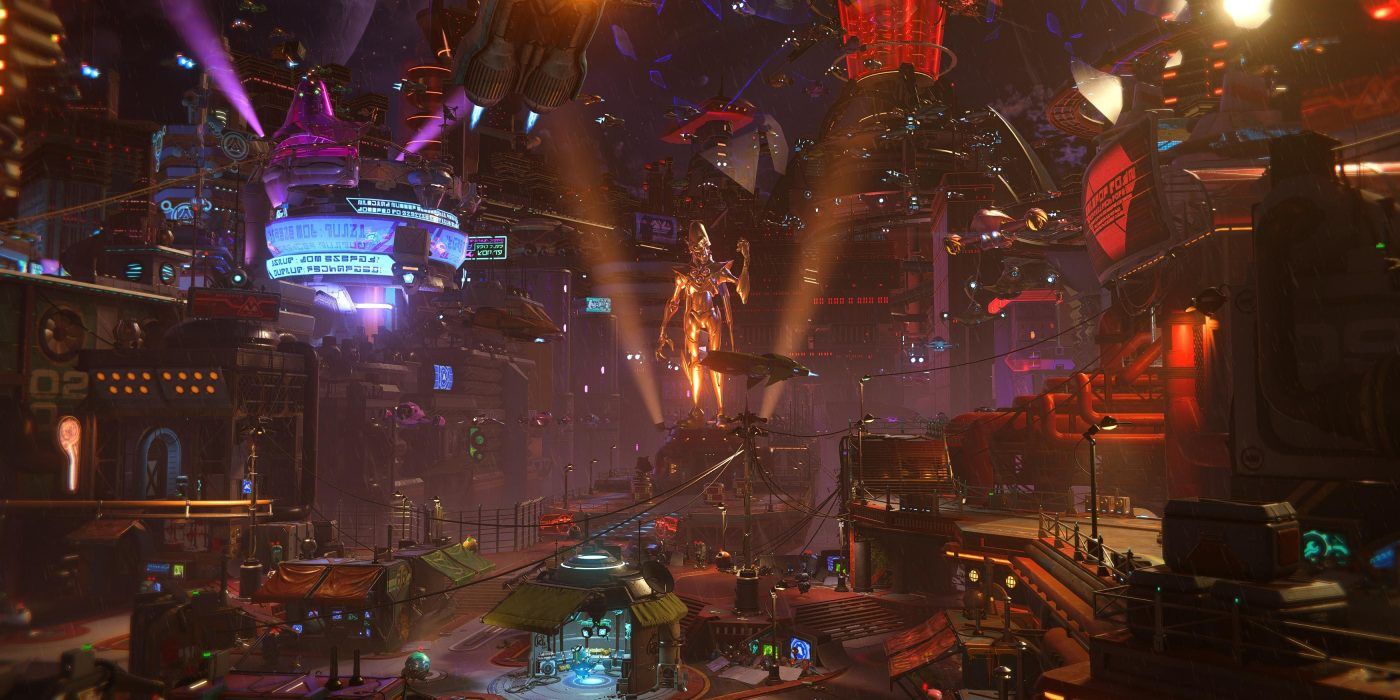 A screenshot of Nefarious City within Carson V planet in Ratchet and Clank: Rift Apart