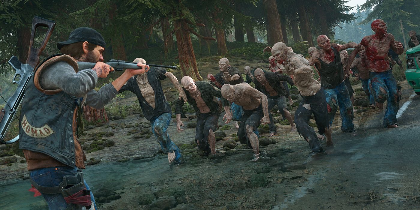 The protagonist of Days Gone faces a horde of zombies