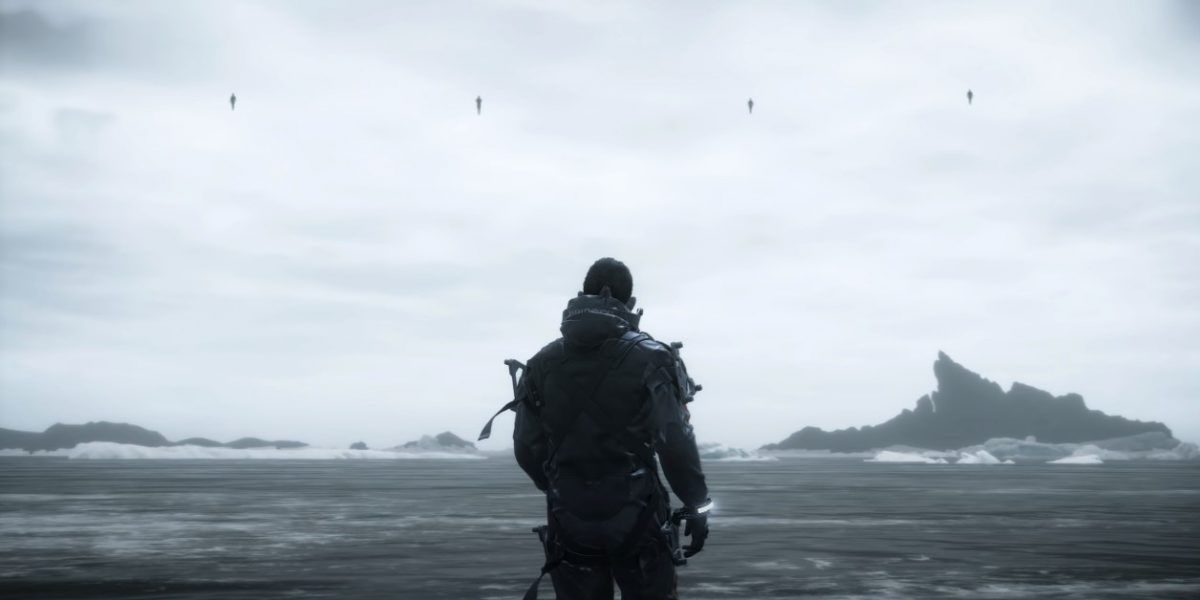 Sam Bridges looks at floating &quot;BBs&quot; above the ocean in Death Stranding