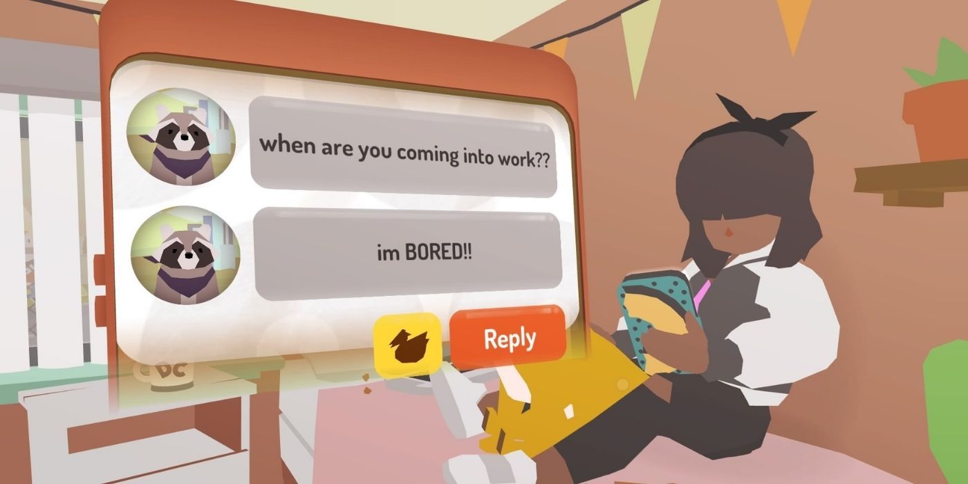 Donut County - Game Screenshot of a young woman,sitting on a bed looking at her phone, with text messages appearing in the air beside her