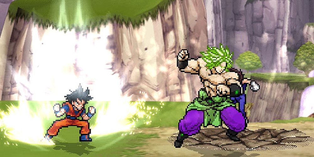 Goku charges up his Ki and Broly is about to hit Vegeta.