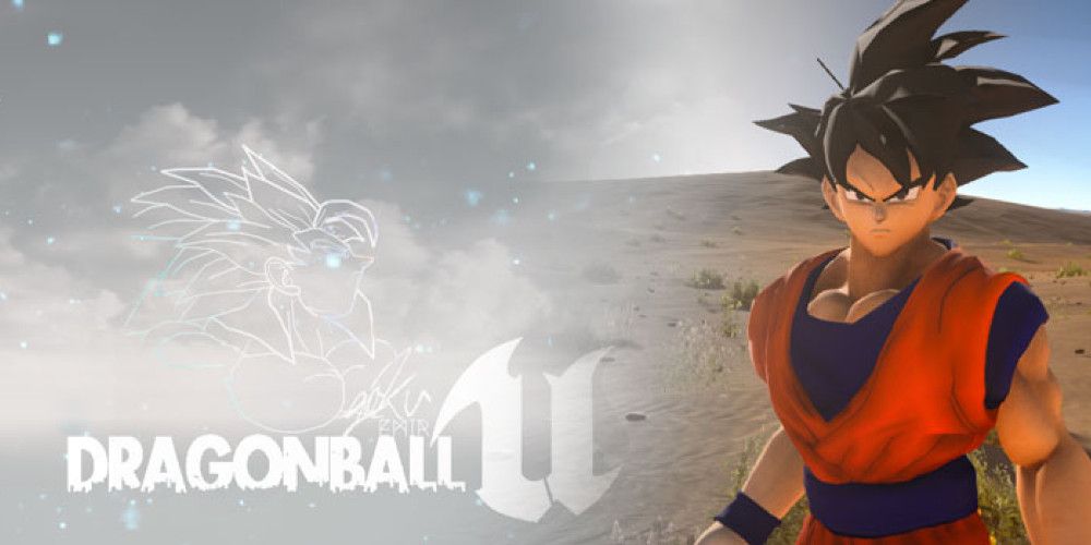 A screenshot of Dragon Ball Unreal's logo, with Goku staring at you while standing in the desert.