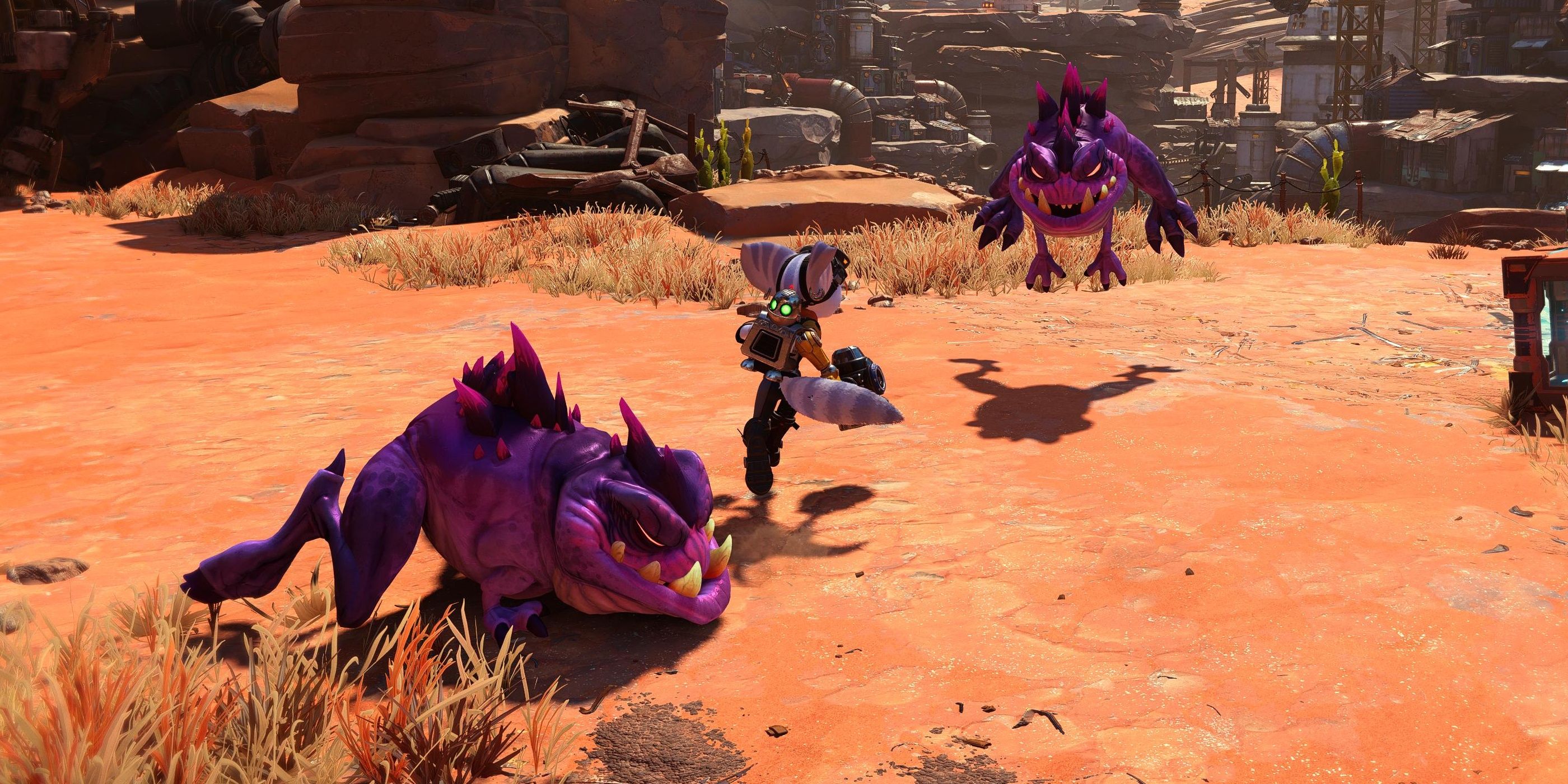 Two enemies approaching Rivet in Ratchet and Clank: Rift Apart