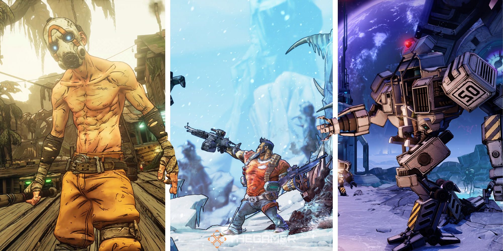 A split image showing three different characters in three Borderlands titles.