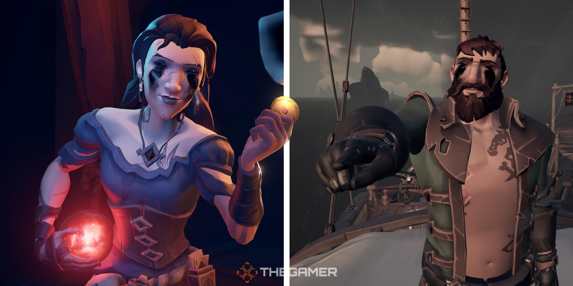 Split image of Madame Olivia Holding Up A Coin and Curse Of Order Cosmetic Character Pointing At Screen in Sea of Thieves