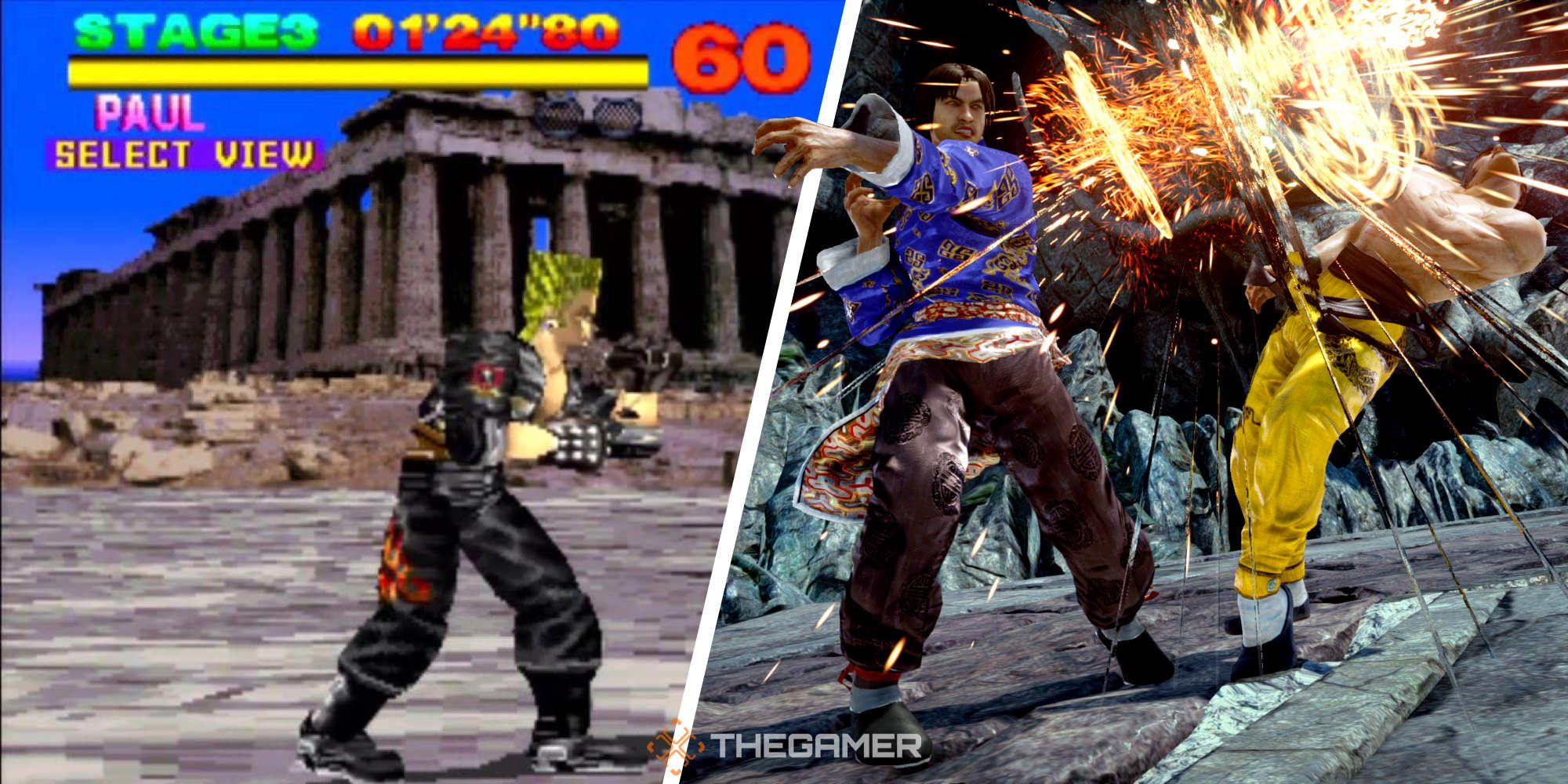A collage showing a gameplay screenshot of the original Tekken on the left and one from Tekken 7 on the right.