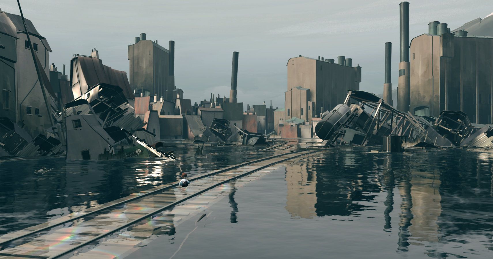 a sunked railway line runs through a desolate city semi-underwater.