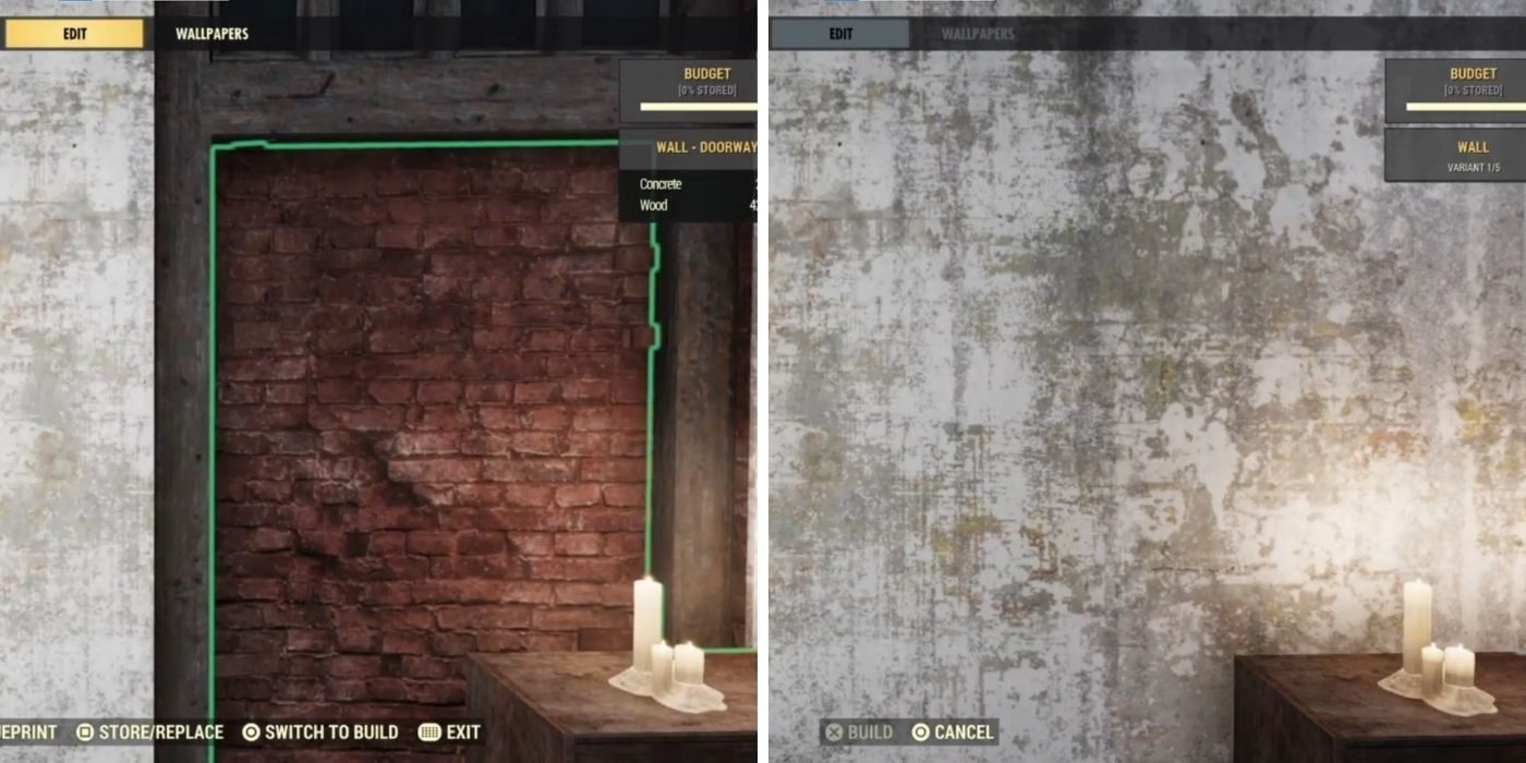 Fallout 76 CAMP - Split image of editing doorway wall into regular wall