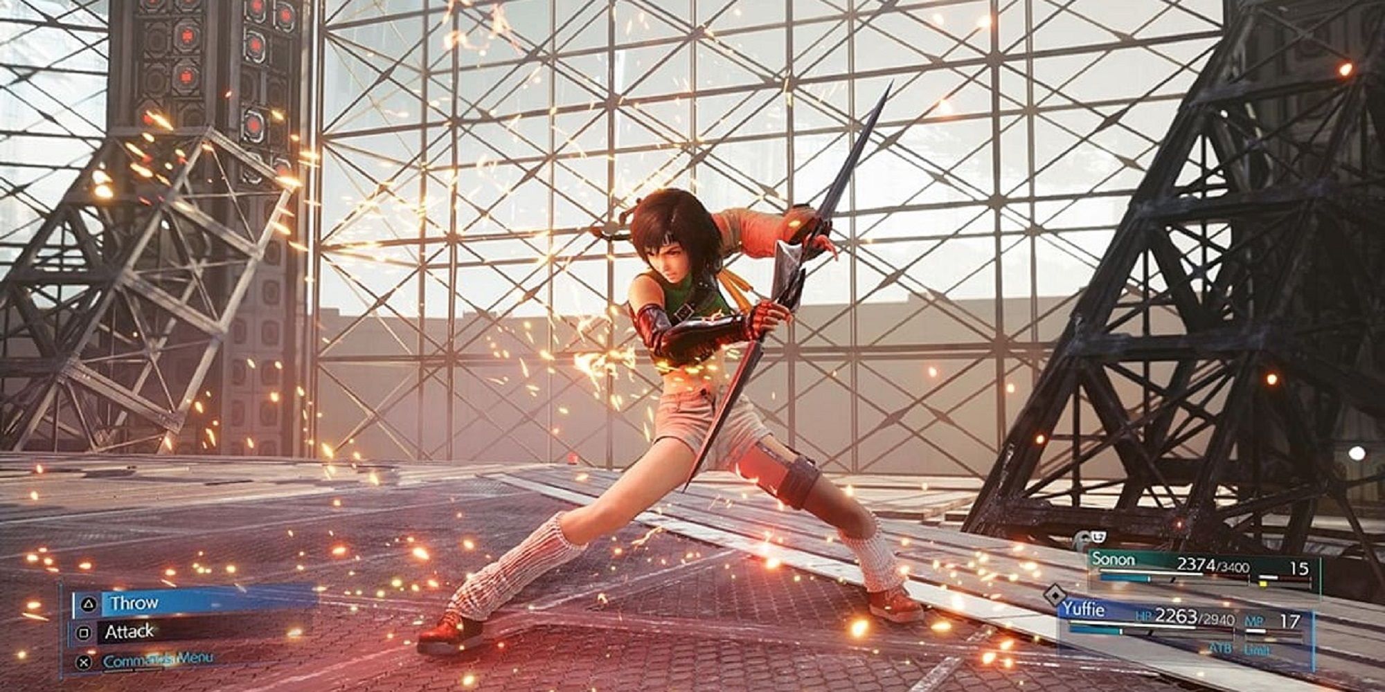 Yuffie pictured during combat in FF7 Intergrade. She is holding her 4-point Shuriken.