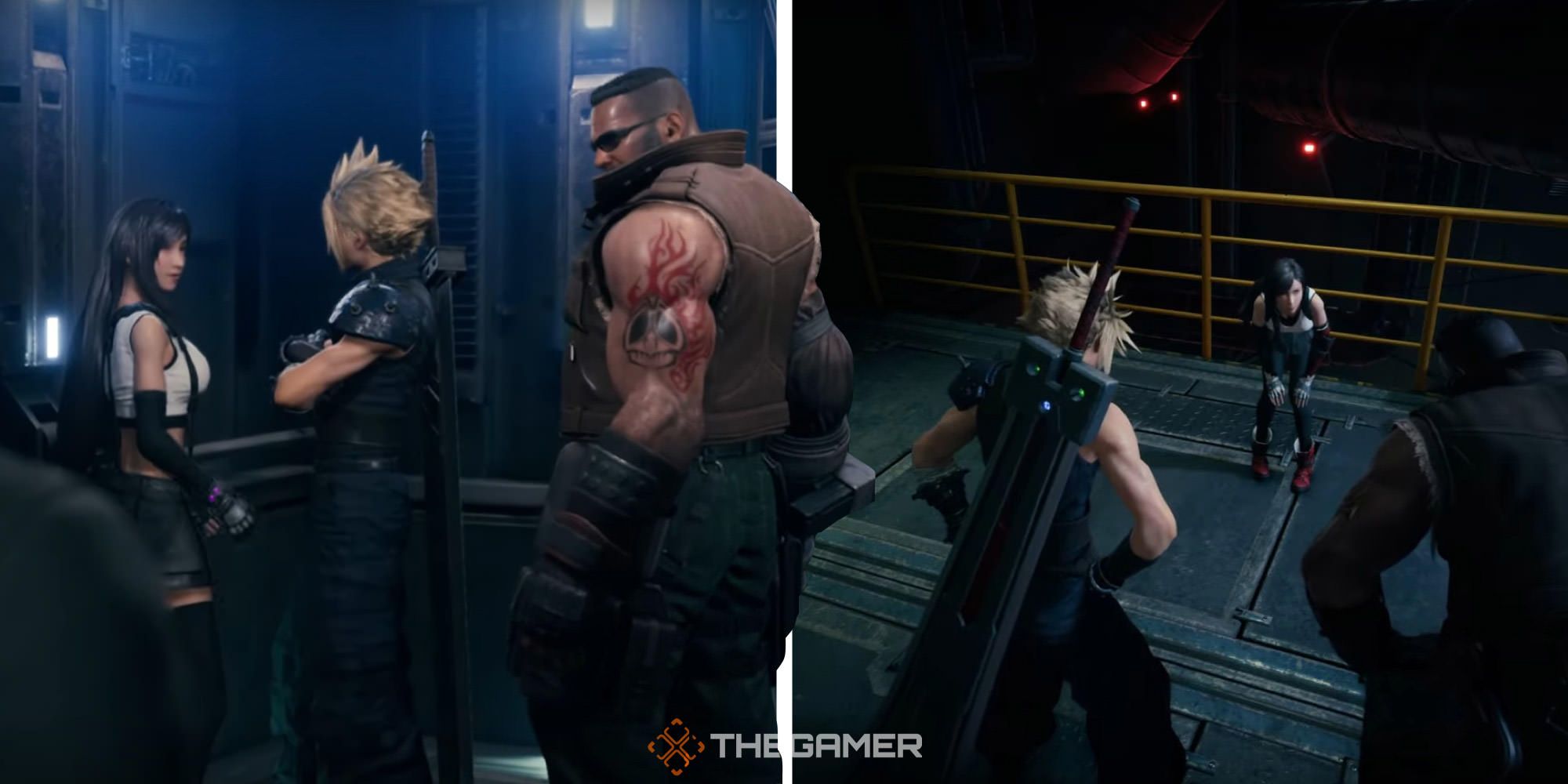 Tifa, Cloud and Barret in the Shinra Tower elevator.