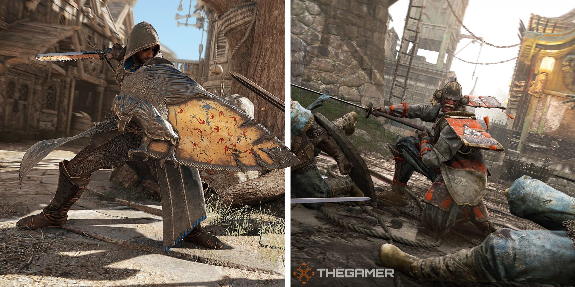 A split image of two warriors from For Honor