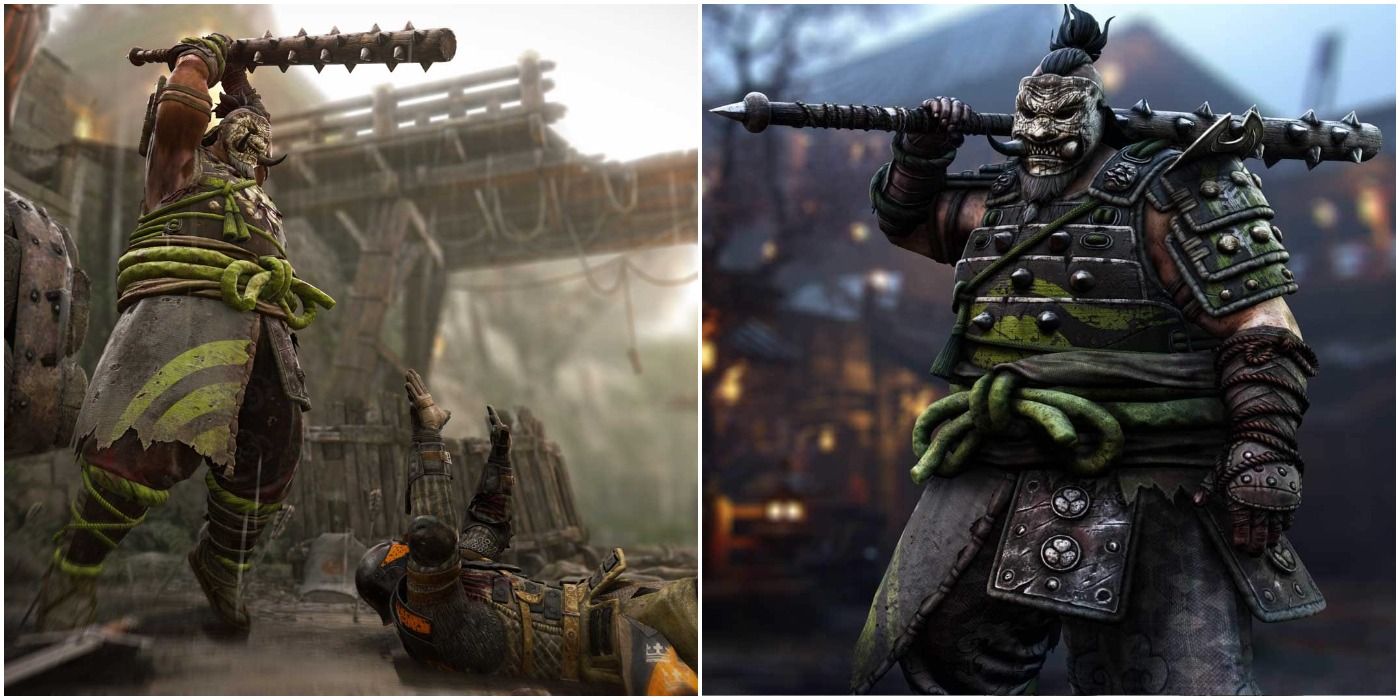 A Shugoki prepares to execute a warden (left) and one stands a rest with his weapon on his shoulders (right)
