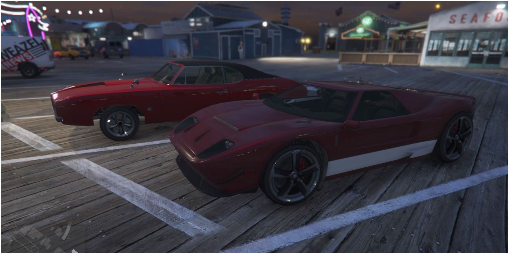 GTA V Del Perro Pier Car Park Two Red High Quality Cars side by side in parking spots in front of seafood market