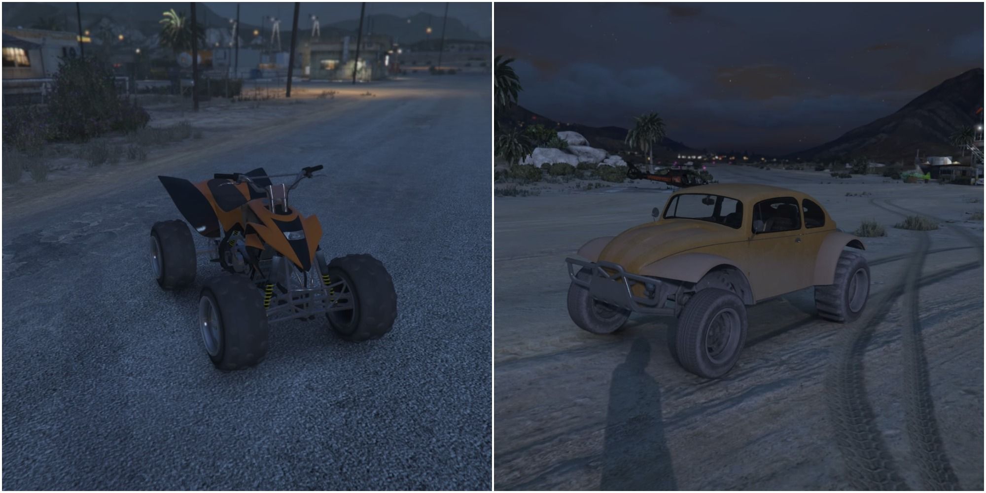 GTA V Sandy Shores Dune Buggy And Quad Bike split image at night