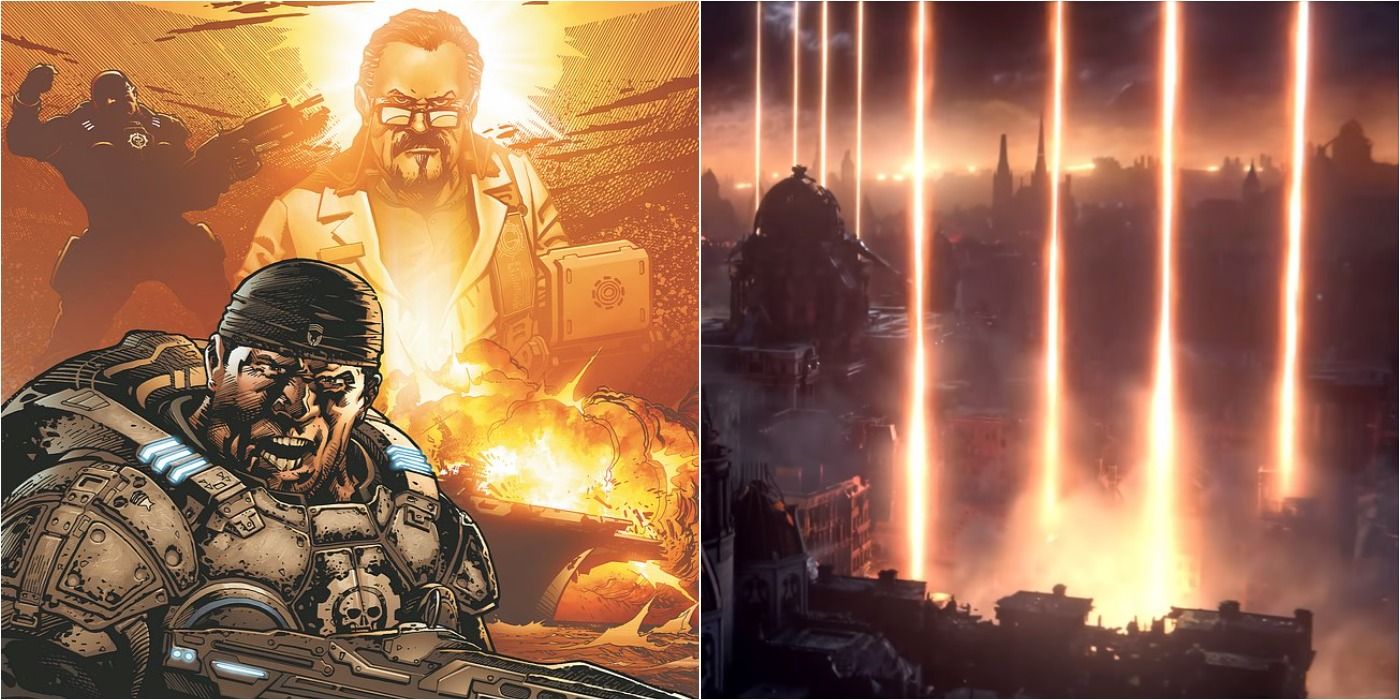 Gears Of War Split Image Promise Me Comic Cover And Screenshot Of Hammer Of Dawn Strikes