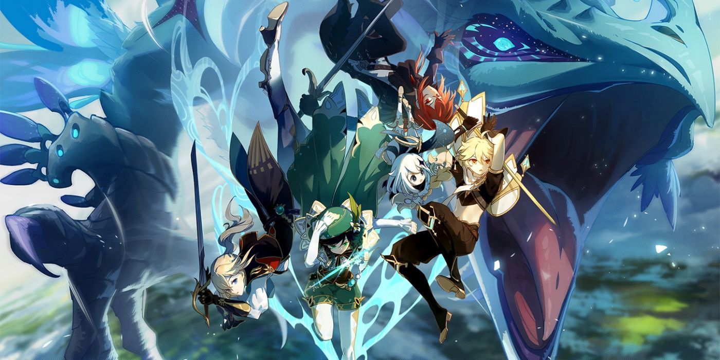 Genshin Impact key artwork featuring five characters and a dragon