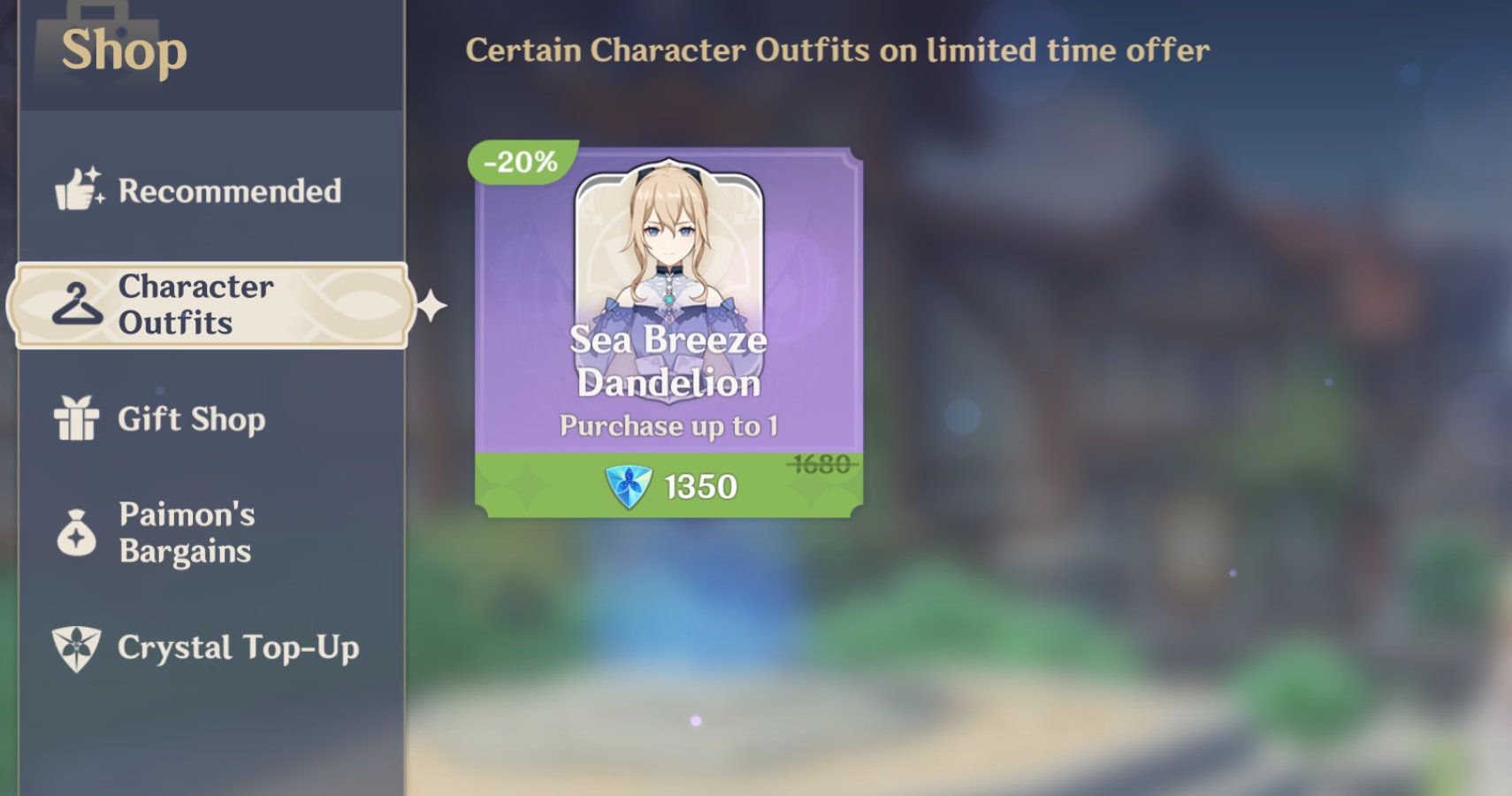 character outfits section in paimon menu shop