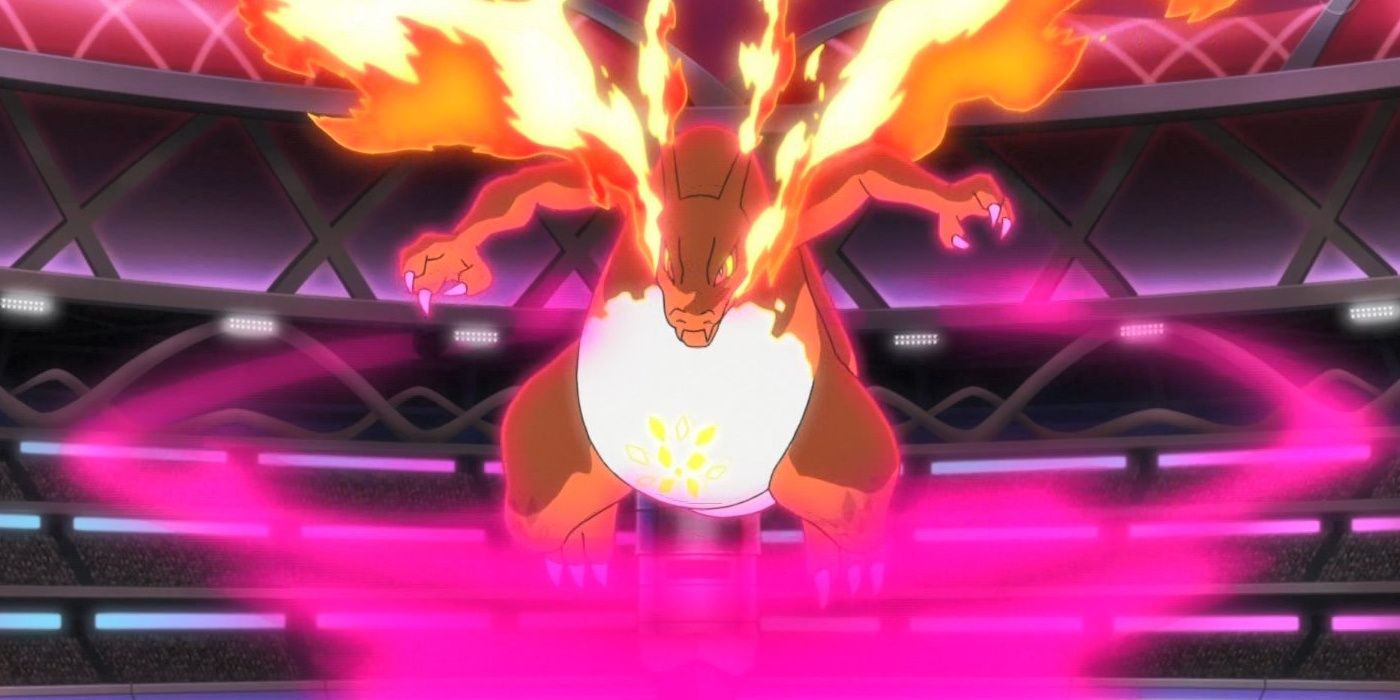 Leon using Gigantamax Charizard in an impressive stadium battle from the Pokemon anime