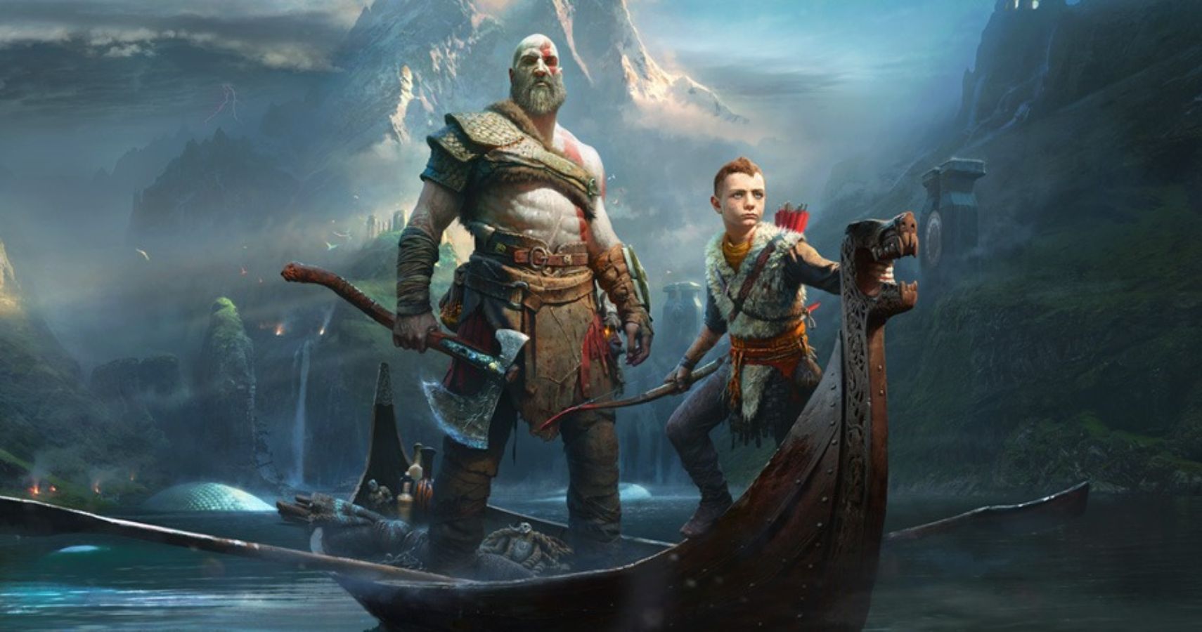 Kratos, a large warrior, stands in a boat with a young warrior boy.
