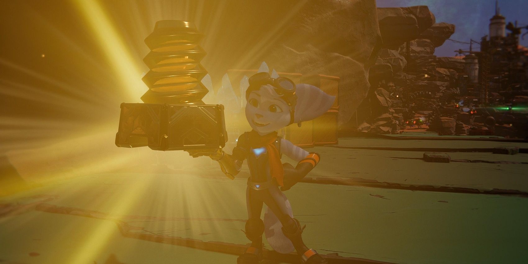 Rivet holding a shiny Gold Bolt in Ratchet And Clank: Rift Apart