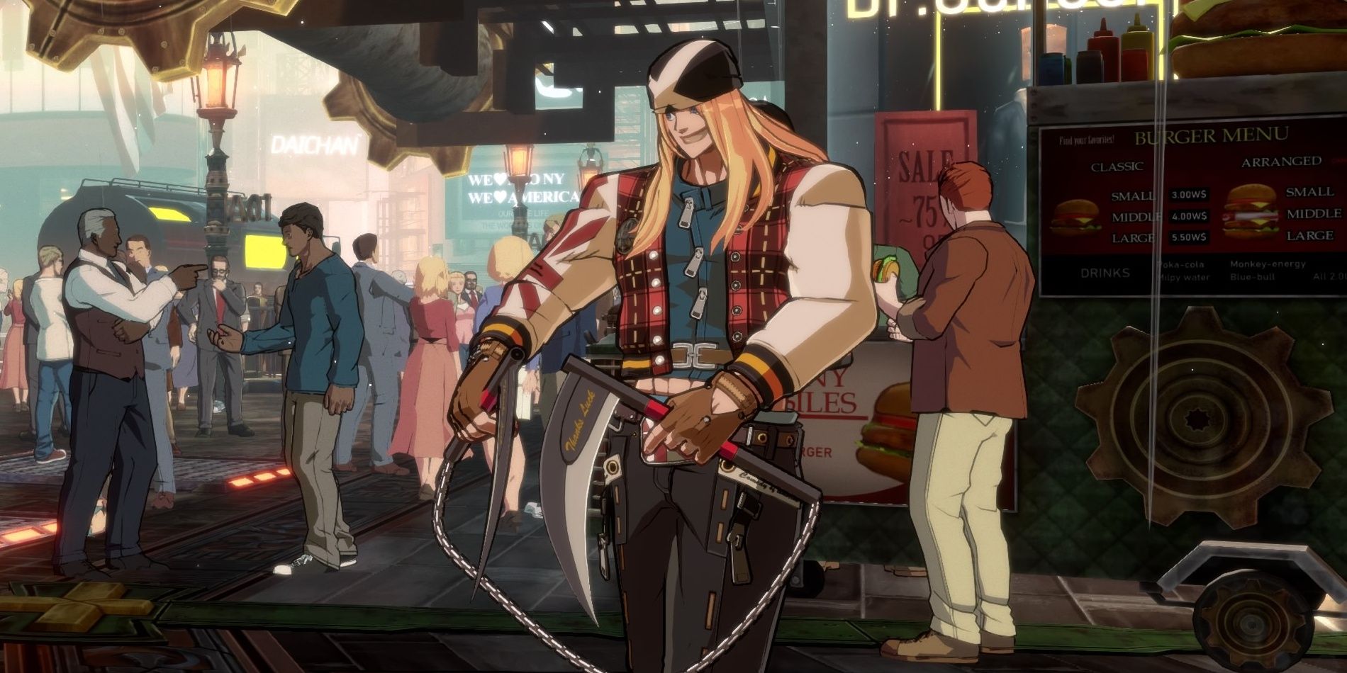 Axl Low holding his chain sickles in a flexing position while taunting in Guilty Gear -Strive-
