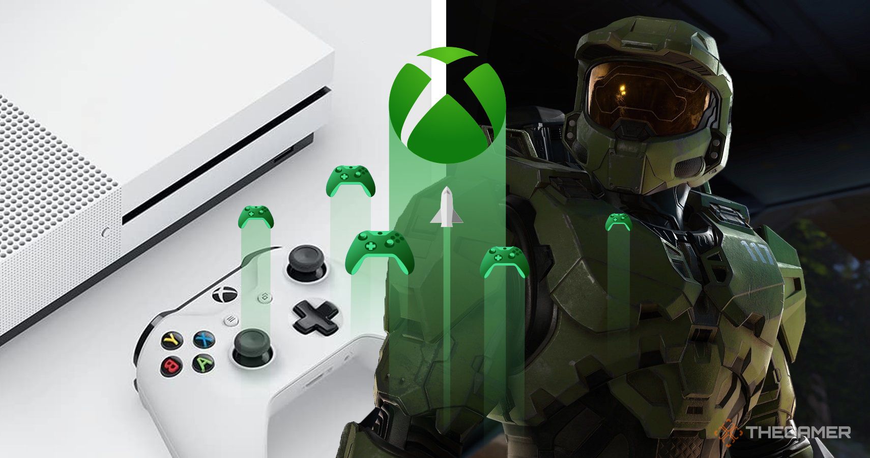 master chief and an xbox one with the cloud gaming logo
