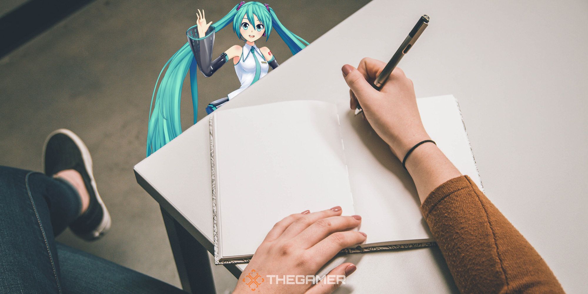 hatsune miku peeking out from behind a notepad and waving