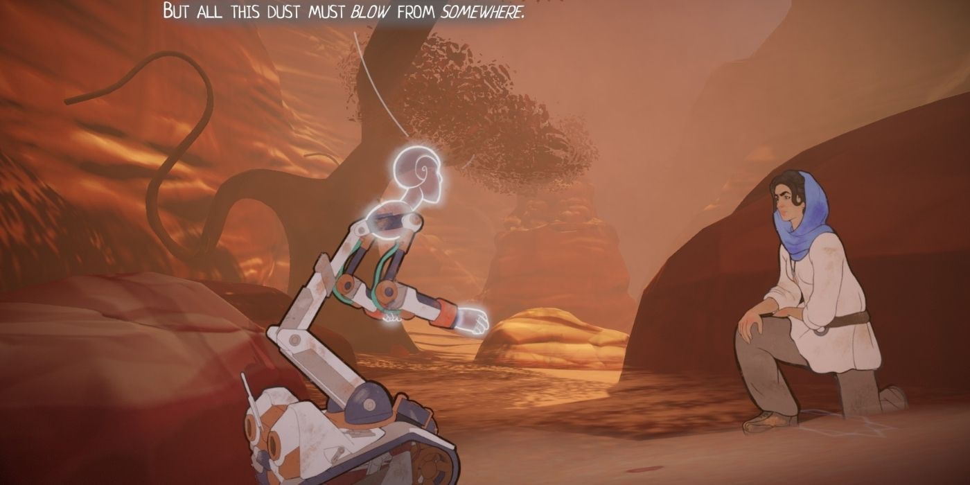Heaven's Vault - Woman and Robot crouching in an arid, rocky desert, talking to one another