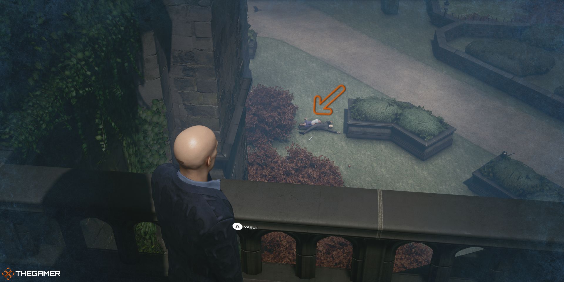 Hitman 3 Agent 47 Looking Over A Balcony At Two Bodies
