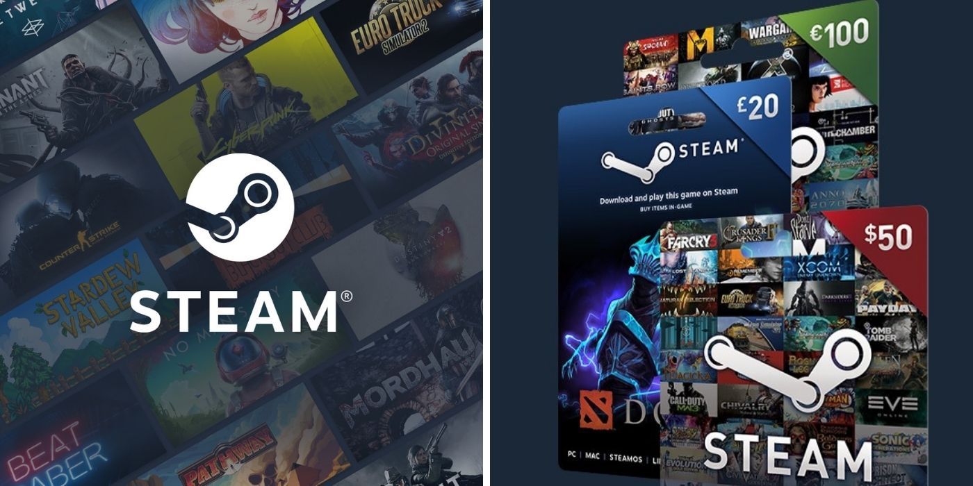 How To Redeem Steam Codes - Split image of steam logo on left and image of steam gift cards on right