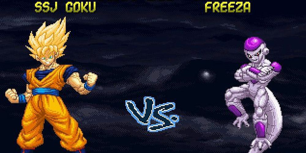 Opposite screen showing SSJ Goku on the left and Freeza on the right.