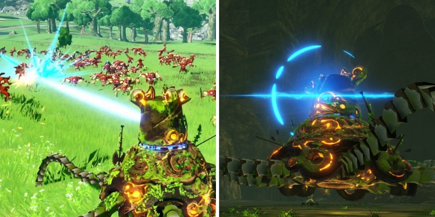 Hyrule Warriors Age of Calamity DLC - Split Image, Battle-Tested Guardian playable hero in combat on both sides