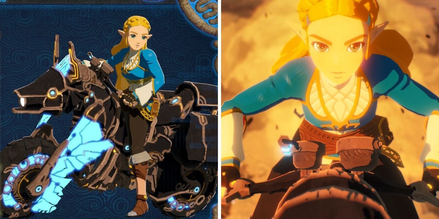 Hyrule Warriors Age of Calamity DLC - Split Image, Zelda facing camera and riding the Master cycle on the right, Zelda in the Allies screen on the Master Cycle on the left