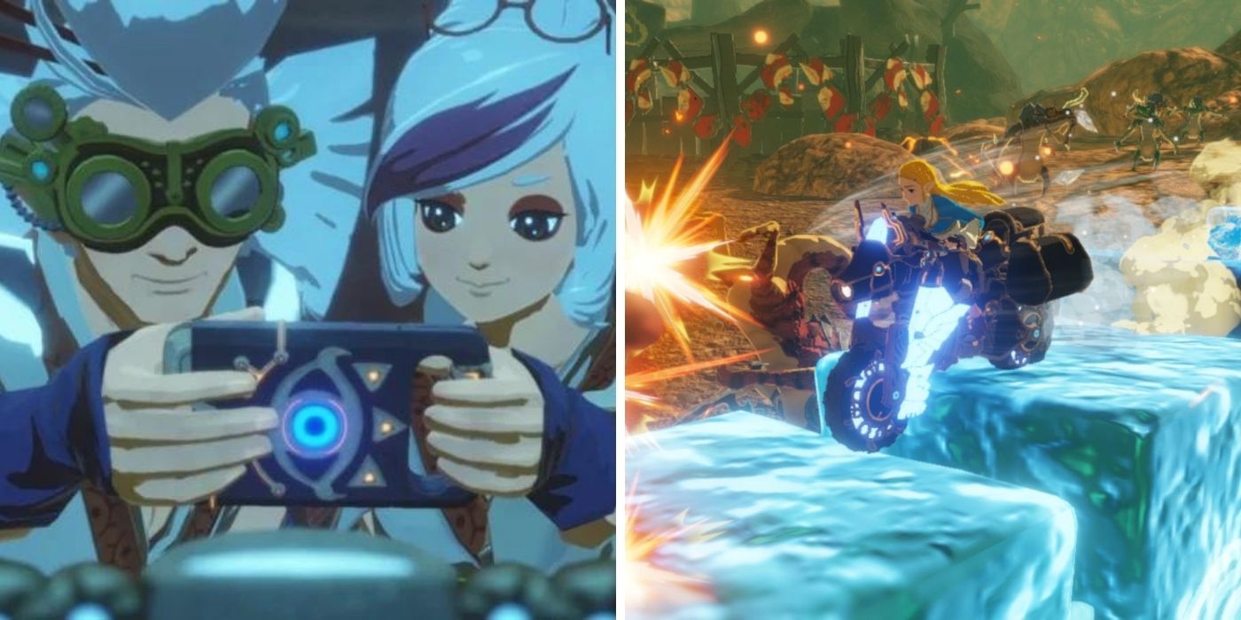 Hyrule Warriors Age of Calamity DLC - Split Image, Zelda with the Master Cycle in combat on right, Purah and Robbie holding Sheikah Slate on left