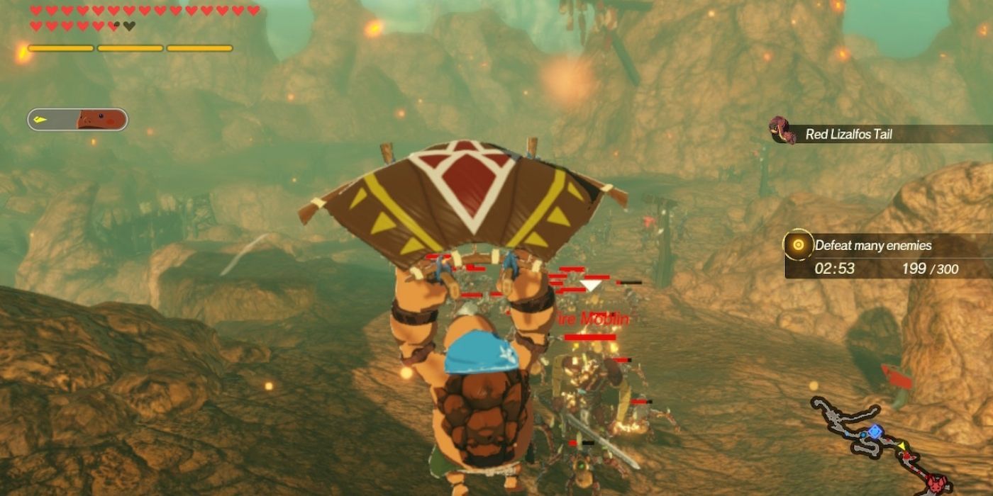 Hyrule Warriors Age of Calamity - Yunobo flying above Fire Moblins and Red Lizalfos